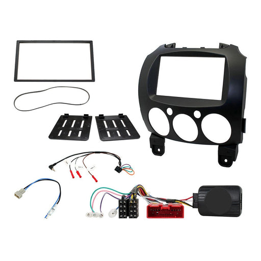 Mazda 2 2008-2014 Full Car Stereo Installation Kit BLACK Double DIN Fascia, steering wheel control interface, antenna adapter and universal patchlead