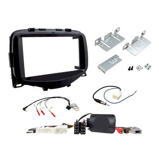 Peugeot 108 2014-2021 Full Car Stereo Installation Kit PIANO BLACK double DIN Fascia, steering wheel control interface, an antenna adapter and universal patchlead