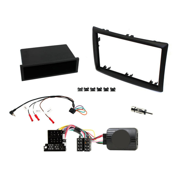 Renault Megane 2003-2005 Full Car Stereo Installation Kit BLACK double DIN Fascia with single din pocket, steering wheel control interface, antenna adapter and universal patchlead