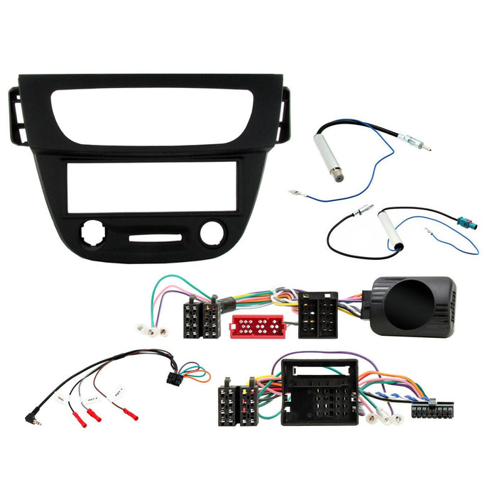Renault Megane 2009-2016 Full Car Stereo Installation Kit BLACK Single DIN Fascia, steering wheel control interface, antenna adapter and universal patchlead
