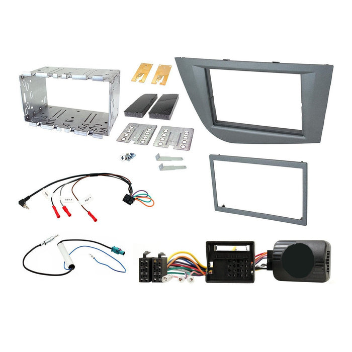 Seat Leon 2005-2012 Full Car Stereo Installation Kit ONA SILVER double DIN Fascia, steering wheel control interface, antenna adapter and universal patchlead