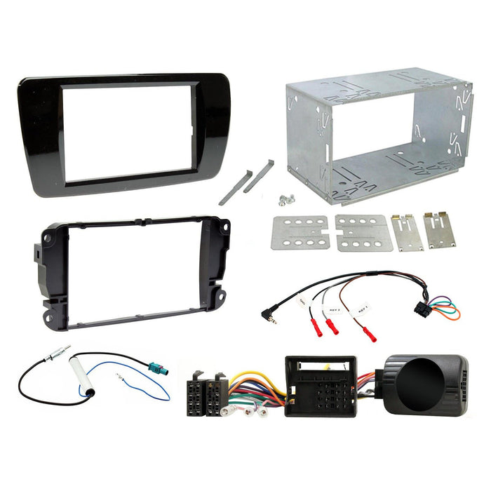 Seat Ibiza 2008-2014 Full Car Stereo Installation Kit PIANO BLACK double DIN Fascia, steering wheel control interface, antenna adapter and universal patchlead