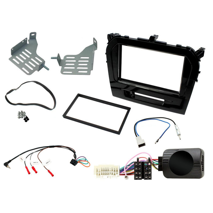 Suzuki Vitara 2015-2018 Full Car Stereo Installation Kit PIANO BLACK double DIN Fascia, steering wheel control interface, antenna adapter and universal patchlead