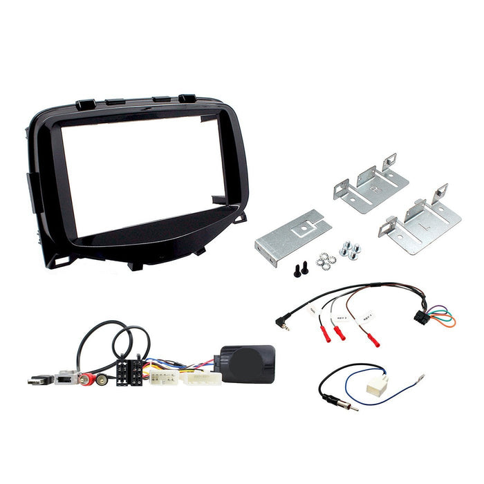 Toyota Aygo 2014-2018 Full Car Stereo Installation Kit PIANO BLACK double DIN Fascia, steering wheel control interface, antenna adapter and universal patchlead