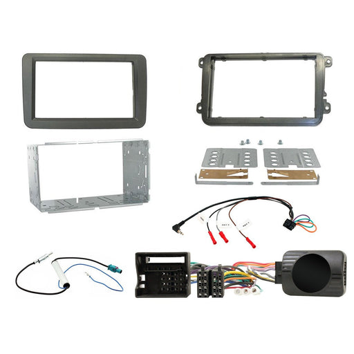 Volkswagen Polo 2009-2014 Full Car Stereo Installation Kit GREY Double DIN Fascia, steering wheel control interface, antenna adapter and universal patchlead.
