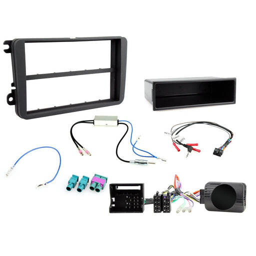 Volkswagen Scirocco 2008-2015 Full Car Stereo Installation Kit BLACK Double DIN Fascia with Pocket, steering wheel control interface, antenna adapter