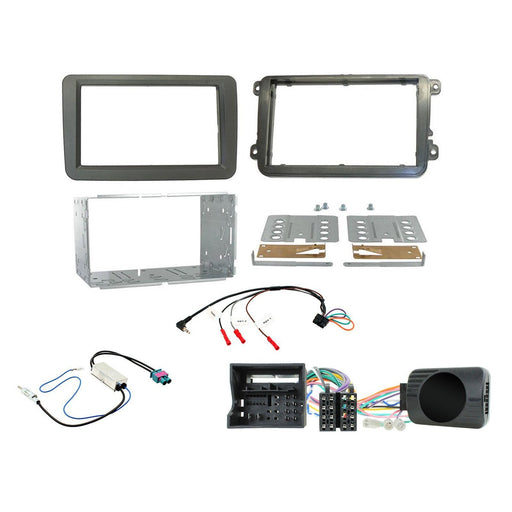 Volkswagen Caddy 2015-2018 Full Car Stereo Installation Kit GREY Double DIN Fascia, steering wheel control interface, antenna adapter and universal patchlead.