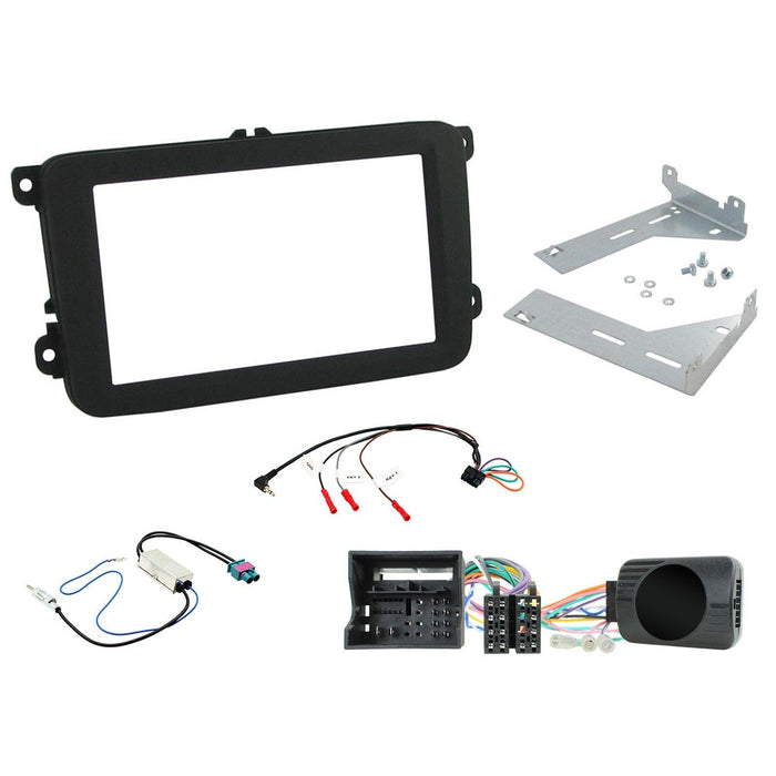 Volkswagen Sharan 2015-2021 Full Car Stereo Installation Kit BLACK Double DIN Fascia, steering wheel control interface, antenna adapter and universal patchlead.