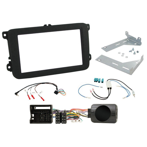 Volkswagen Vento 2005-2011 Full Car Stereo Installation Kit BLACK Double DIN Fascia, steering wheel control interface, antenna adapter and universal patchlead.