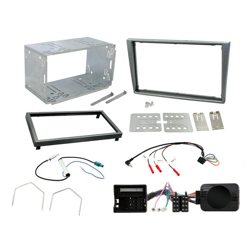 Vauxhall Vectra 2004-2008 Full Car Stereo Installation Kit MATTE CHROME double DIN Fascia, steering wheel control interface, antenna adapter and a universal patchlead