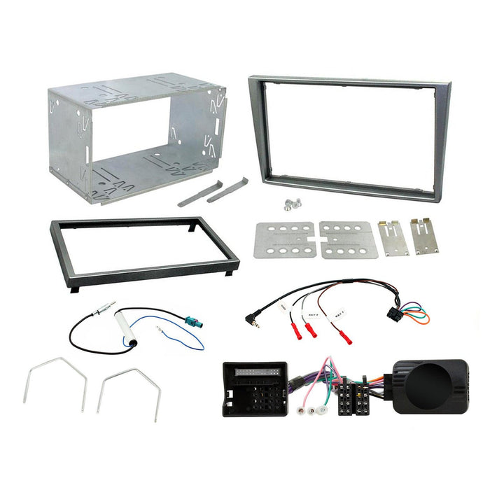 Vauxhall Meriva 2005-2010 Full Car Stereo Installation Kit MATTE CHROME double DIN Fascia, steering wheel control interface, antenna adapter and a universal patchlead
