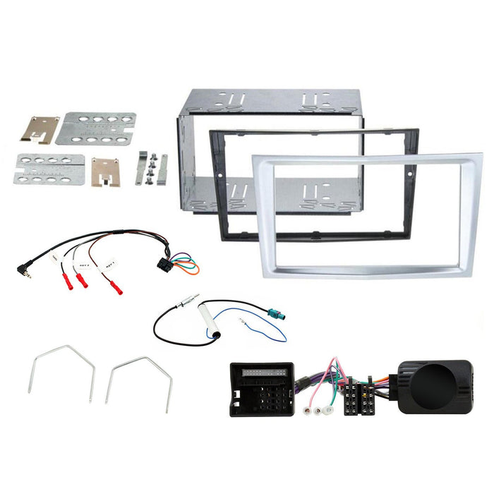 Vauxhall Corsa 2006-2009 Full Car Stereo Installation Kit MATTE CHROME double DIN Fascia, steering wheel control interface, antenna adapter and a universal patchlead