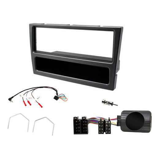 Vauxhall Corsa 2000-2004 Full Car Stereo Installation Kit GUNMETAL Single DIN Fascia, steering wheel control interface, antenna adapter and universal patchlead.