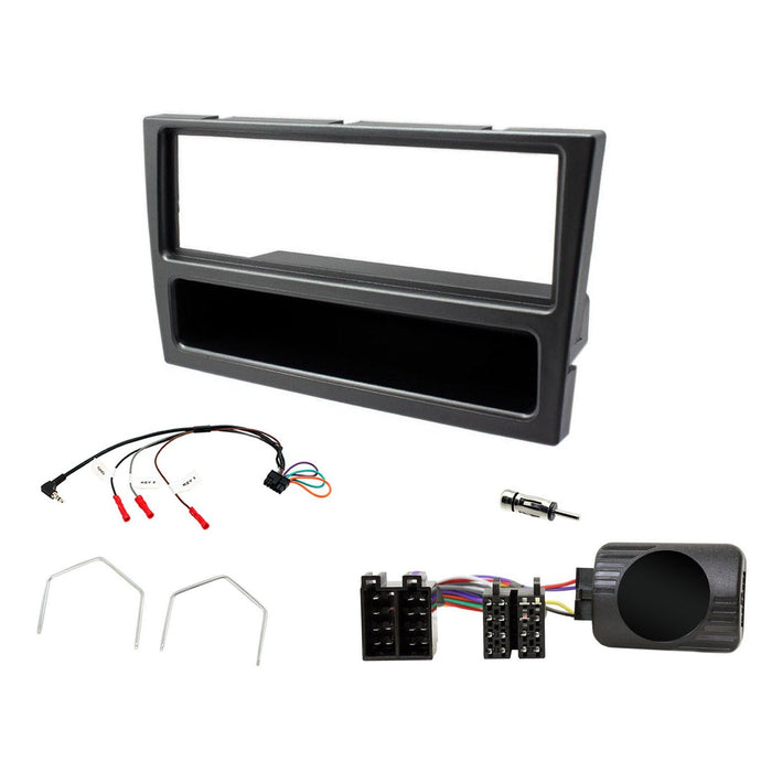Vauxhall Omega 2000-2003 Full Car Stereo Installation Kit GUNMETAL Single DIN Fascia, steering wheel control interface, antenna adapter and universal patchlead.