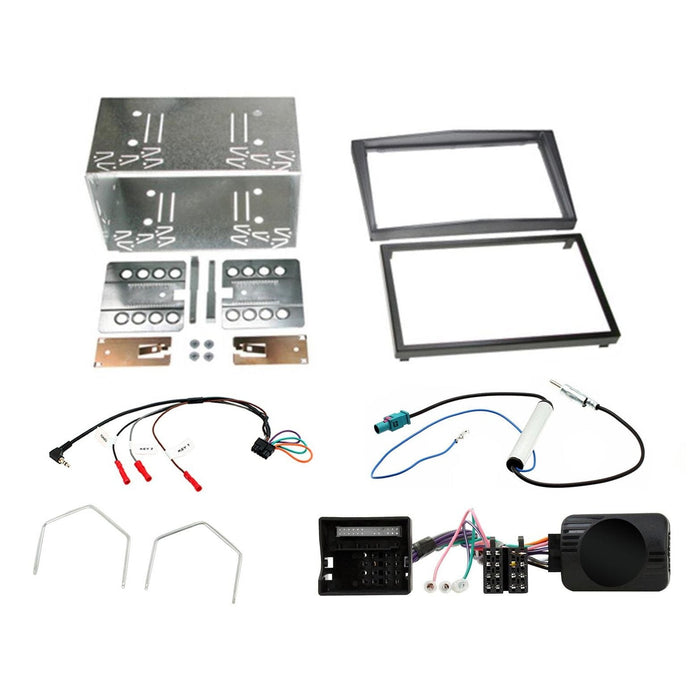 Vauxhall Zafira 2005-2014 Full Car Stereo Installation Kit DARK SILVER Double DIN Fascia, steering wheel control interface, antenna adapter and universal patchlead.
