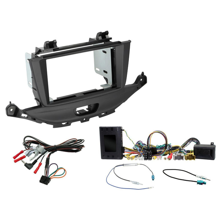 Vauxhall Astra 2015-2021 Full Car Stereo Installation Kit BLACK double DIN Fascia, steering wheel control interface, antenna adapter, and universal patchlead