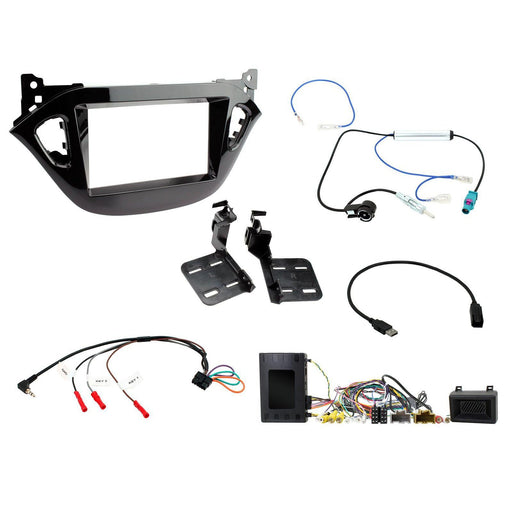 Vauxhall Corsa 2014-19 Full Car Stereo Kit, Bespoke colour matched PIANO BLACK Double Din Fascia, Steering Wheel interface, antenna adapter
