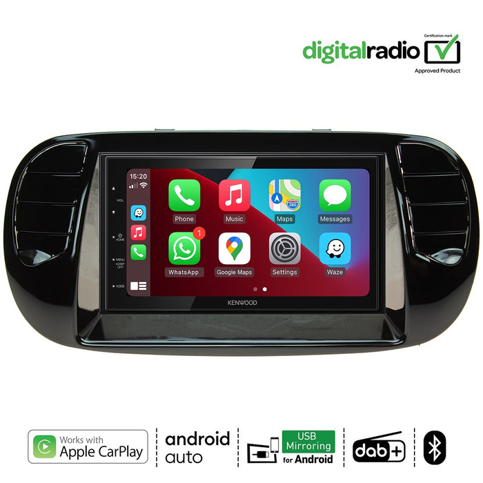 Kenwood DMX5020DABS Car Stereo & Fitting Kit for Fiat 500 2007 to 2015 6.8" Touchscreen Apple CarPlay Android Auto | DAB Aerial Included
